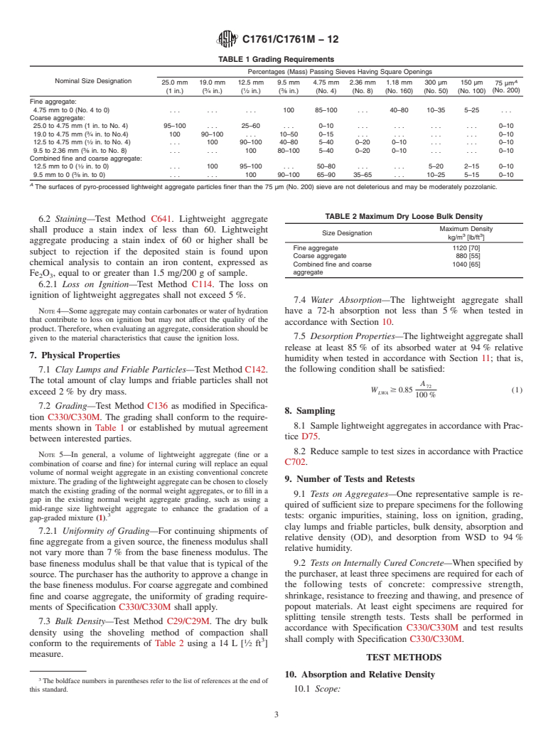 ASTM C1761/C1761M-12 - Standard Specification for Lightweight Aggregate for Internal Curing of Concrete