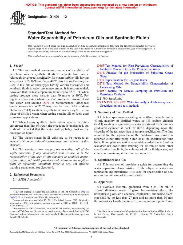 ASTM D1401-12 - Standard Test Method for Water Separability of Petroleum Oils and Synthetic Fluids