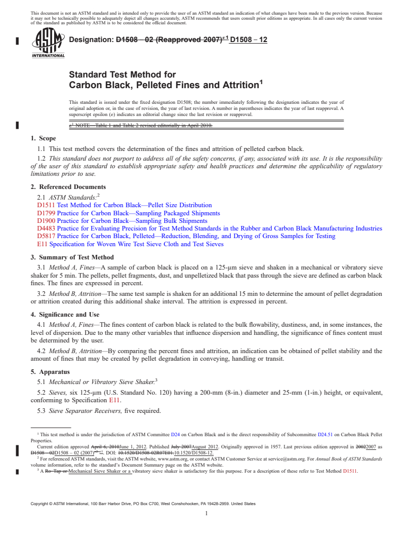 REDLINE ASTM D1508-12 - Standard Test Method for  Carbon Black, Pelleted Fines and Attrition