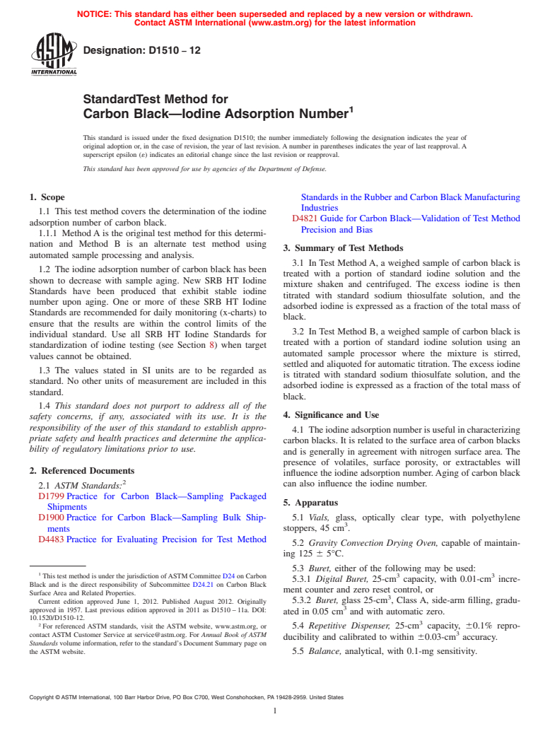 ASTM D1510-12 - Standard Test Method for  Carbon Black&mdash;Iodine Adsorption Number
