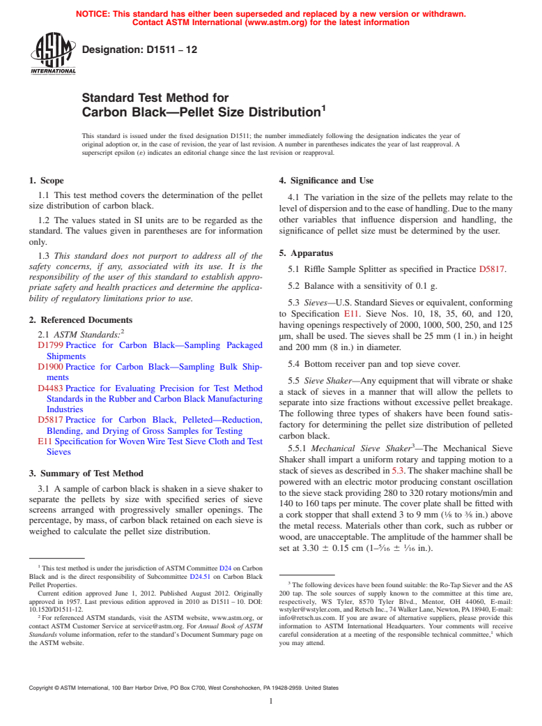 ASTM D1511-12 - Standard Test Method for  Carbon Black&mdash;Pellet Size Distribution