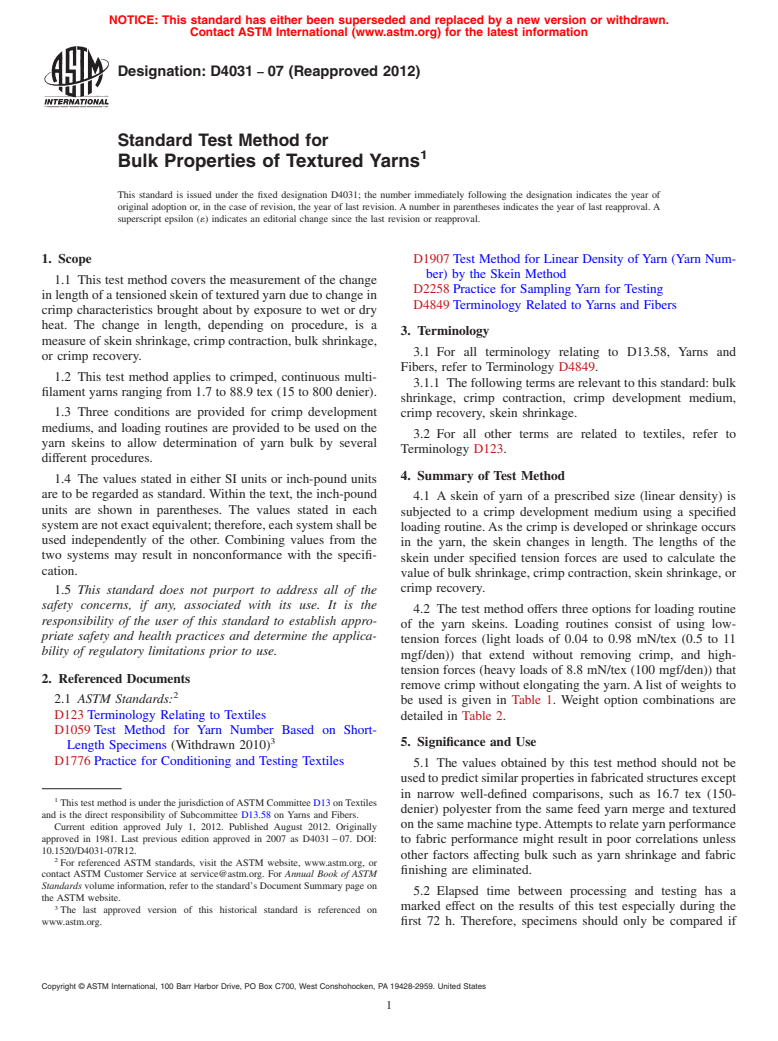 ASTM D4031-07(2012) - Standard Test Method for  Bulk Properties of Textured Yarns