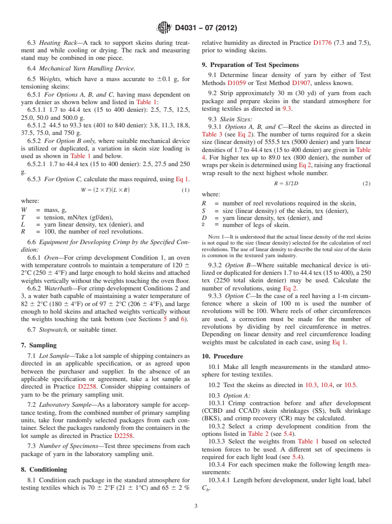 ASTM D4031-07(2012) - Standard Test Method for  Bulk Properties of Textured Yarns