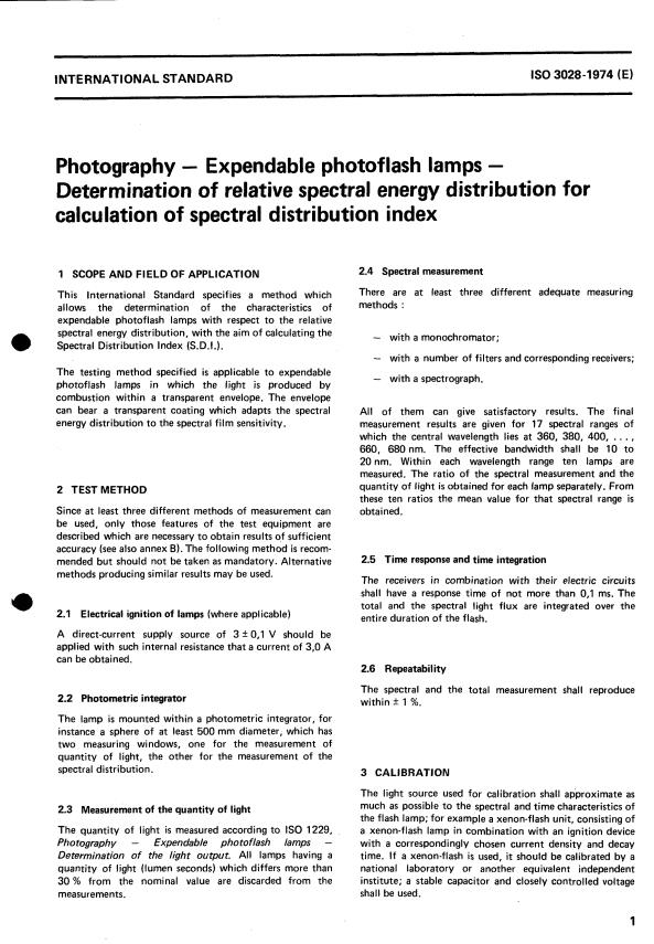 ISO 3028:1974 - Photography -- Expendable photoflash lamps -- Determination of relative spectral energy distribution for calculation of spectral distribution index