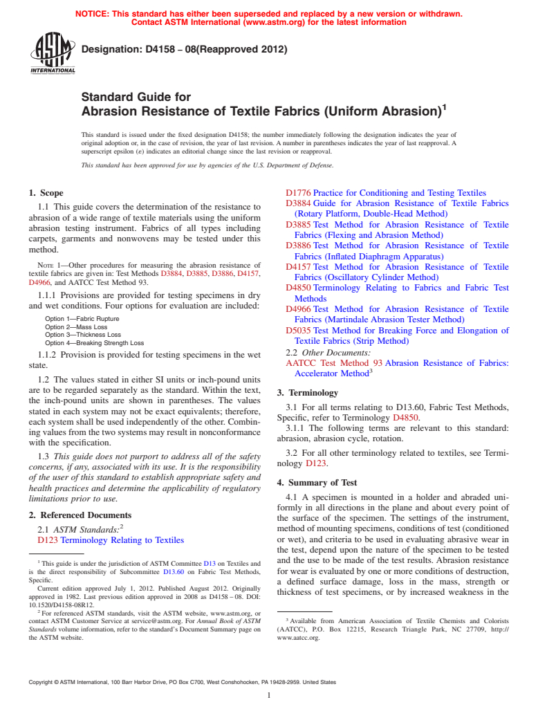 ASTM D4158-08(2012) - Standard Guide for Abrasion Resistance of Textile Fabrics (Uniform Abrasion)