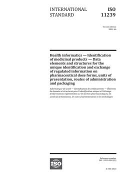 ISO 11239:2023 ISO 11239:2023 - Health informatics — Identification of medicinal products — Data elements and structures for the unique identification and exchange of regulated information on pharmaceutical dose forms, units of presentation, routes of administration and packaging
Released:6. 06. 2023 - Page 1 preview