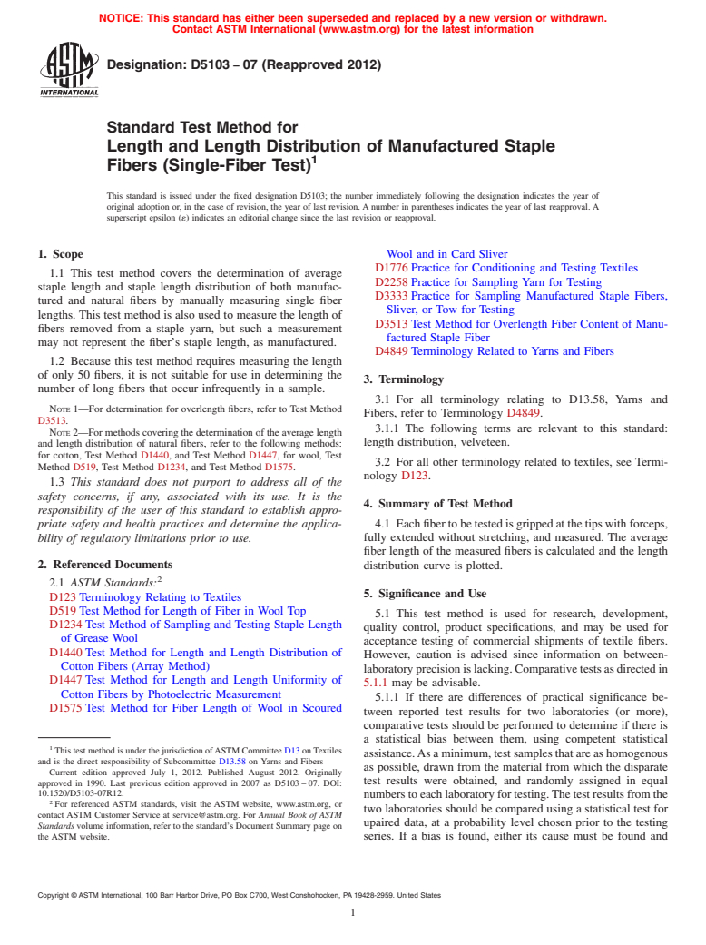 ASTM D5103-07(2012) - Standard Test Method for Length and Length Distribution of Manufactured Staple Fibers (Single-Fiber Test)