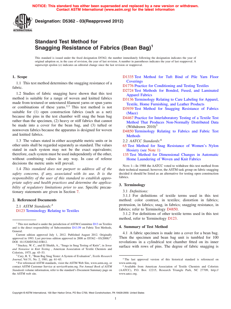 ASTM D5362-03(2012) - Standard Test Method for Snagging Resistance of Fabrics (Bean Bag)