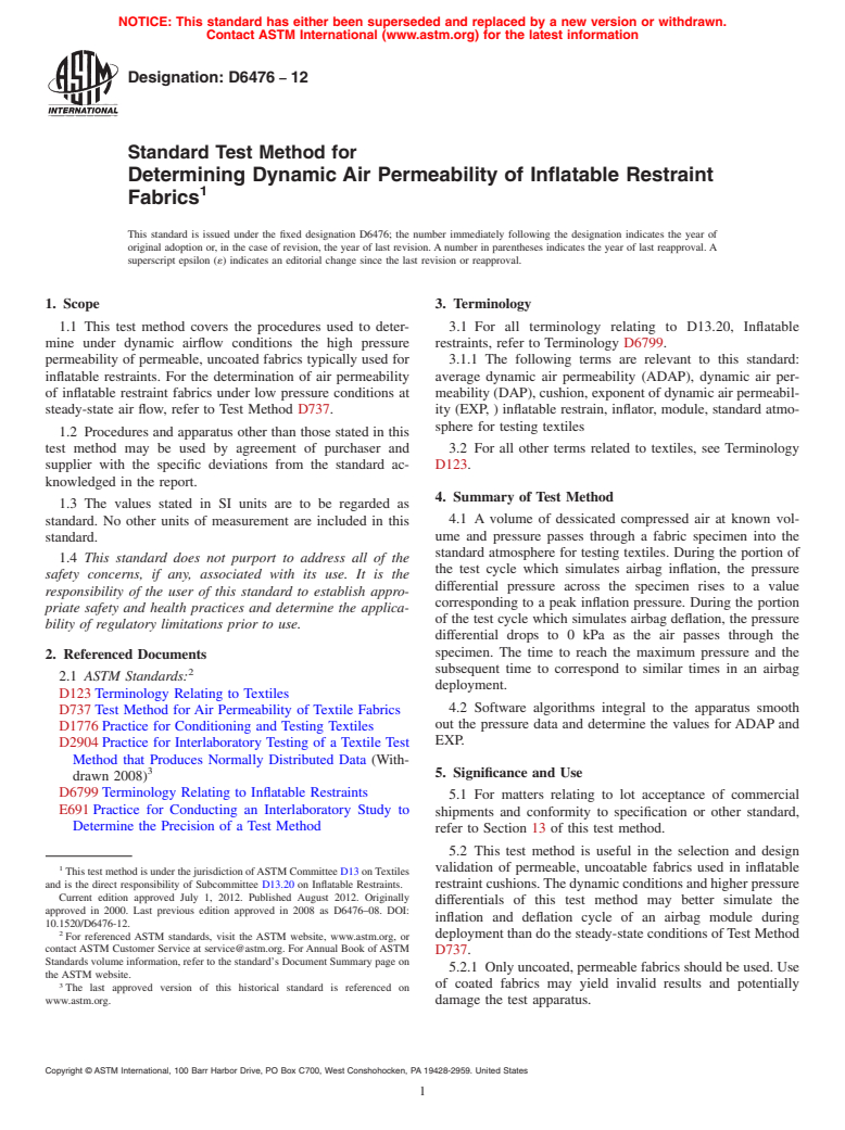 ASTM D6476-12 - Standard Test Method for Determining Dynamic Air Permeability of Inflatable Restraint Fabrics