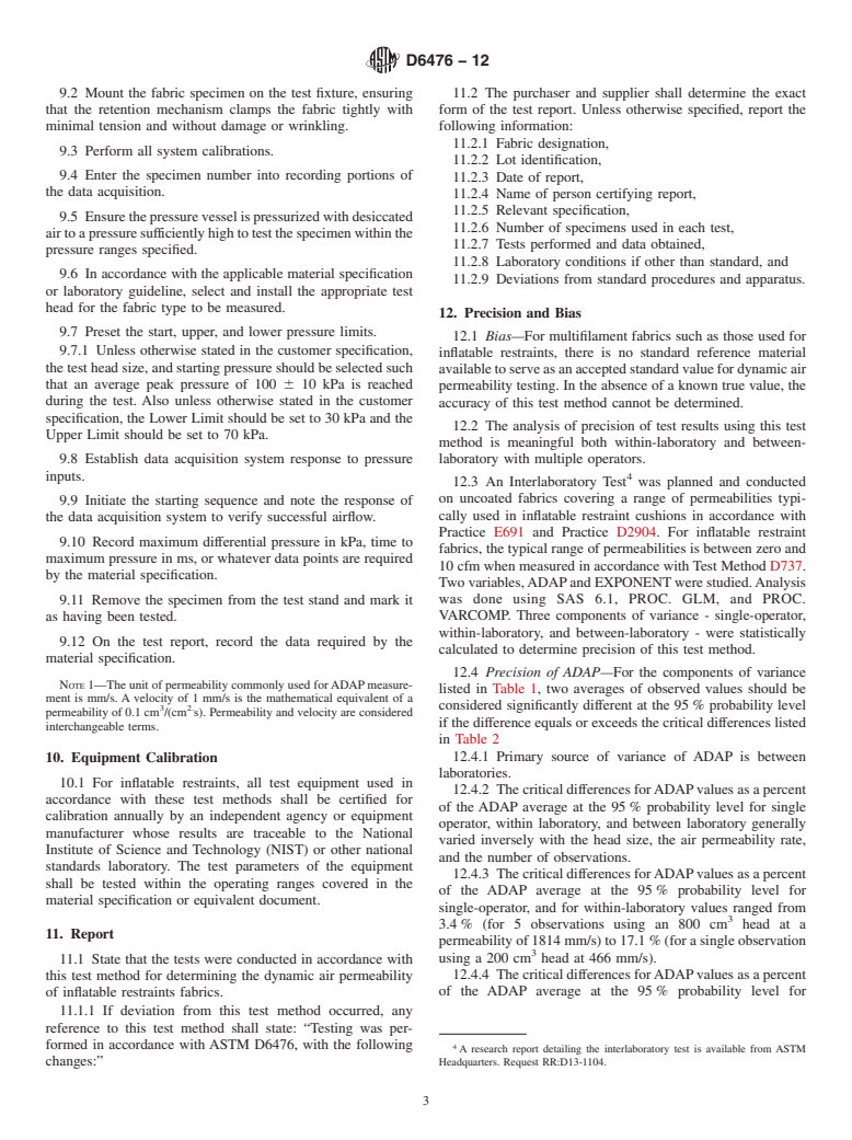 ASTM D6476-12 - Standard Test Method for Determining Dynamic Air Permeability of Inflatable Restraint Fabrics