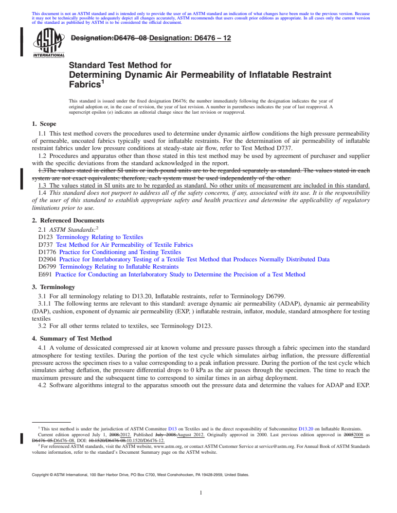 REDLINE ASTM D6476-12 - Standard Test Method for Determining Dynamic Air Permeability of Inflatable Restraint Fabrics