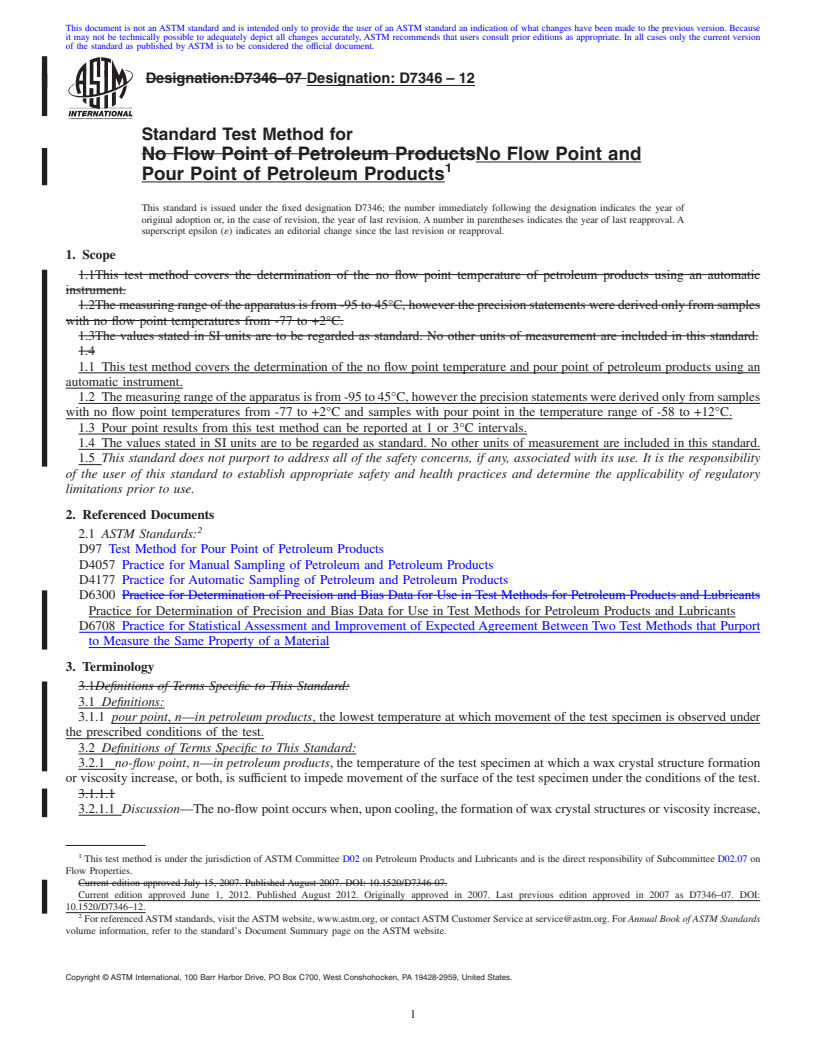 REDLINE ASTM D7346-12 - Standard Test Method for No Flow Point and Pour Point of Petroleum Products