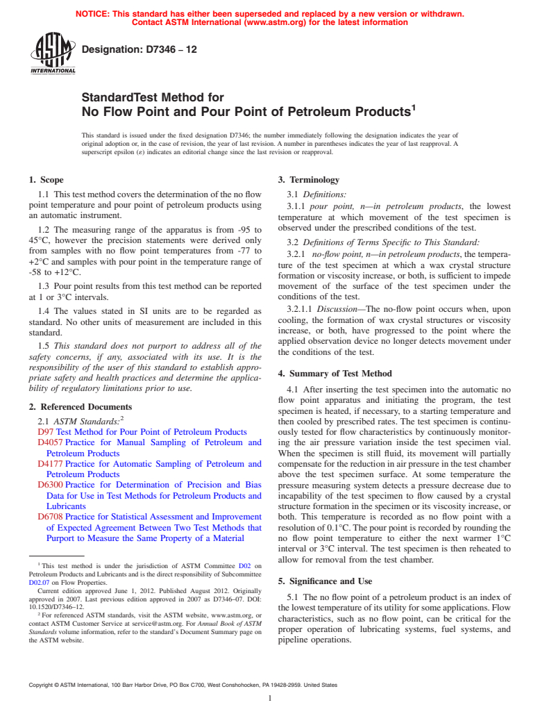 ASTM D7346-12 - Standard Test Method for No Flow Point and Pour Point of Petroleum Products