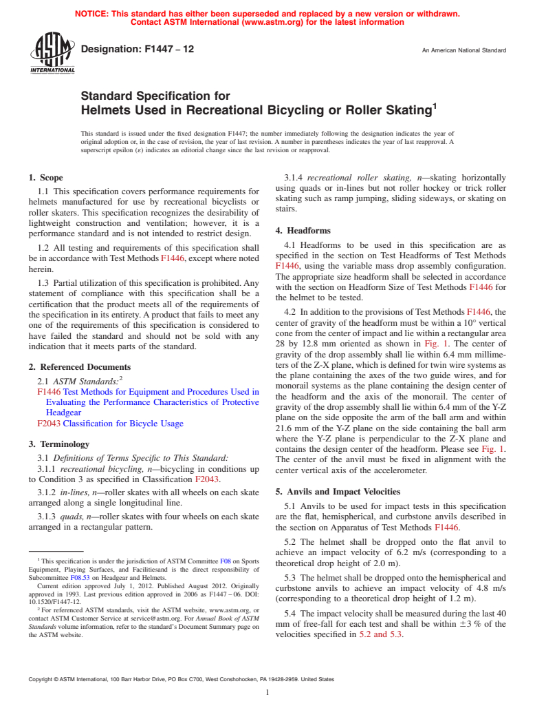 ASTM F1447-12 - Standard Specification for Helmets Used in Recreational Bicycling or Roller Skating