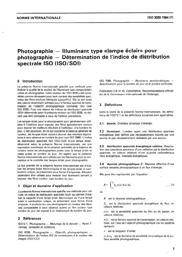 ISO 3028:1984 - Photographie -- Illuminant type "lampe-éclair" pour photographie -- Détermination de l'indice de distribution spectrale (ISO/SDI)