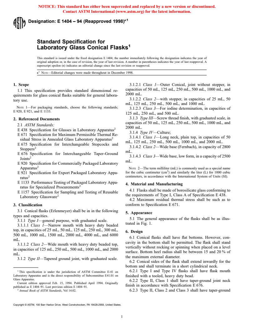 ASTM E1404-94(1998)e1 - Standard Specification for Laboratory Glass Conical Flasks