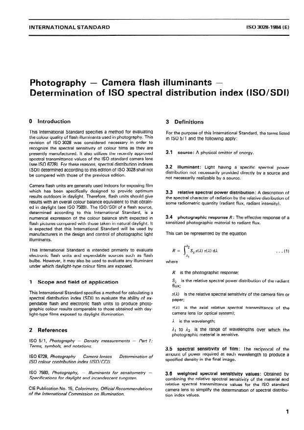 ISO 3028:1984 - Photography -- Camera flash illuminants -- Determination of ISO spectral distribution index (ISO/SDI)
