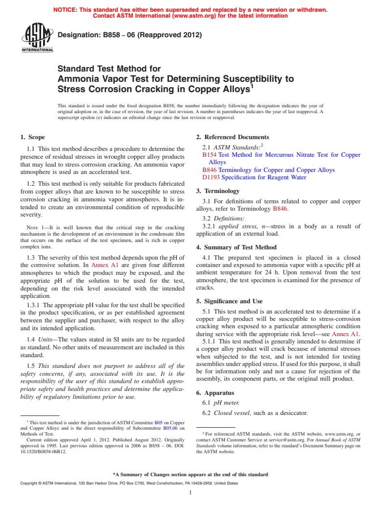 ASTM B858-06(2012) - Standard Test Method for  Ammonia Vapor Test for Determining Susceptibility to Stress Corrosion Cracking in Copper Alloys