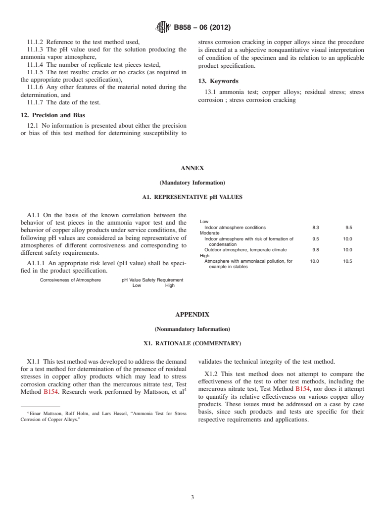 ASTM B858-06(2012) - Standard Test Method for  Ammonia Vapor Test for Determining Susceptibility to Stress Corrosion Cracking in Copper Alloys