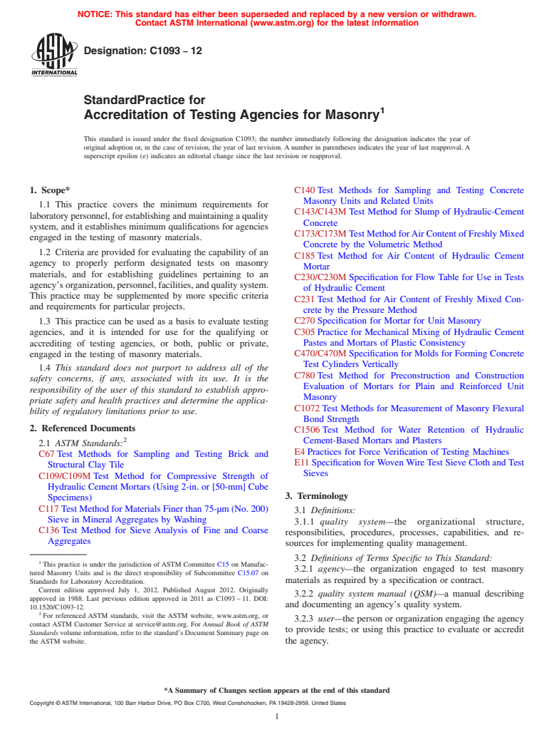 ASTM C1093-12 - Standard Practice for  Accreditation of Testing Agencies for Masonry