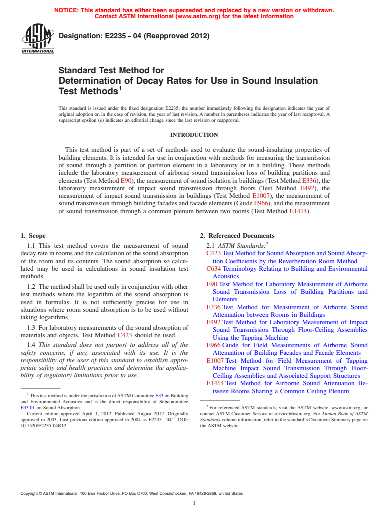 ASTM E2235-04(2012) - Standard Test Method for Determination of Decay Rates for Use in Sound Insulation Test Methods