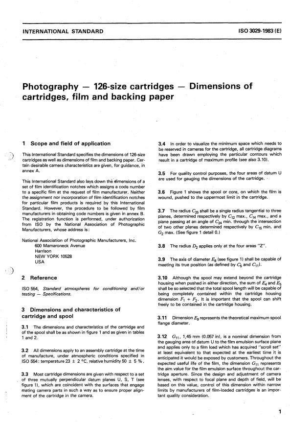 ISO 3029:1983 - Photography -- 126-size cartridges -- Dimensions of cartridge, film and backing paper