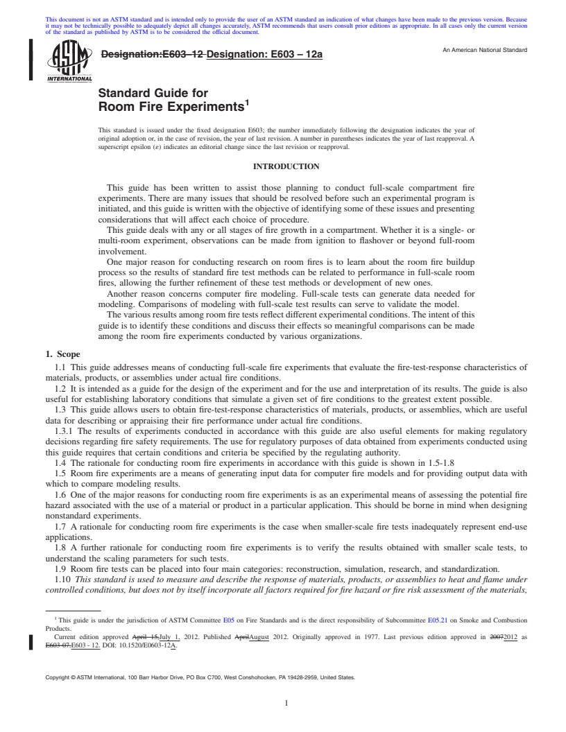 REDLINE ASTM E603-12a - Standard Guide for Room Fire Experiments