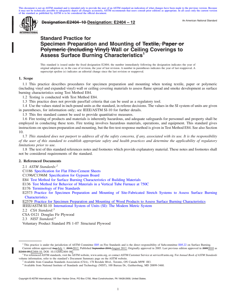 REDLINE ASTM E2404-12 - Standard Practice for Specimen Preparation and Mounting of Wall or Ceiling Coverings to Assess Surface Burning Characteristics