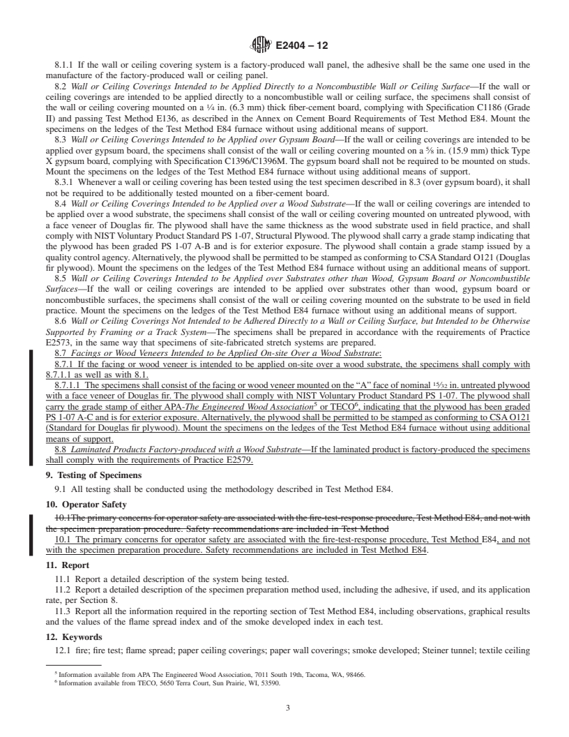 REDLINE ASTM E2404-12 - Standard Practice for Specimen Preparation and Mounting of Wall or Ceiling Coverings to Assess Surface Burning Characteristics