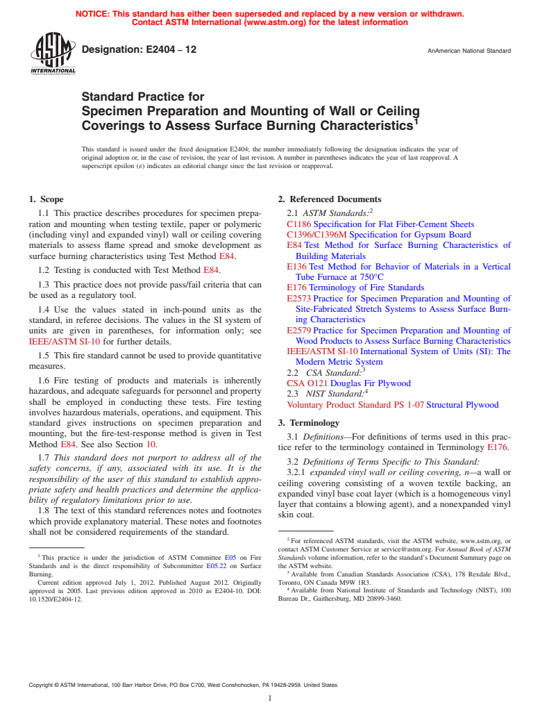 ASTM E2404-12 - Standard Practice for Specimen Preparation and Mounting of Wall or Ceiling Coverings to Assess Surface Burning Characteristics