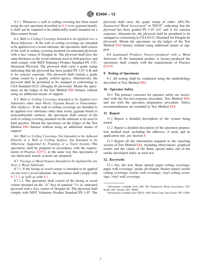 ASTM E2404-12 - Standard Practice for Specimen Preparation and Mounting of Wall or Ceiling Coverings to Assess Surface Burning Characteristics