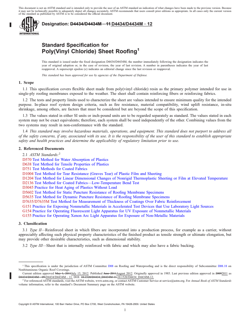 REDLINE ASTM D4434/D4434M-12 - Standard Specification for Poly(Vinyl Chloride) Sheet Roofing