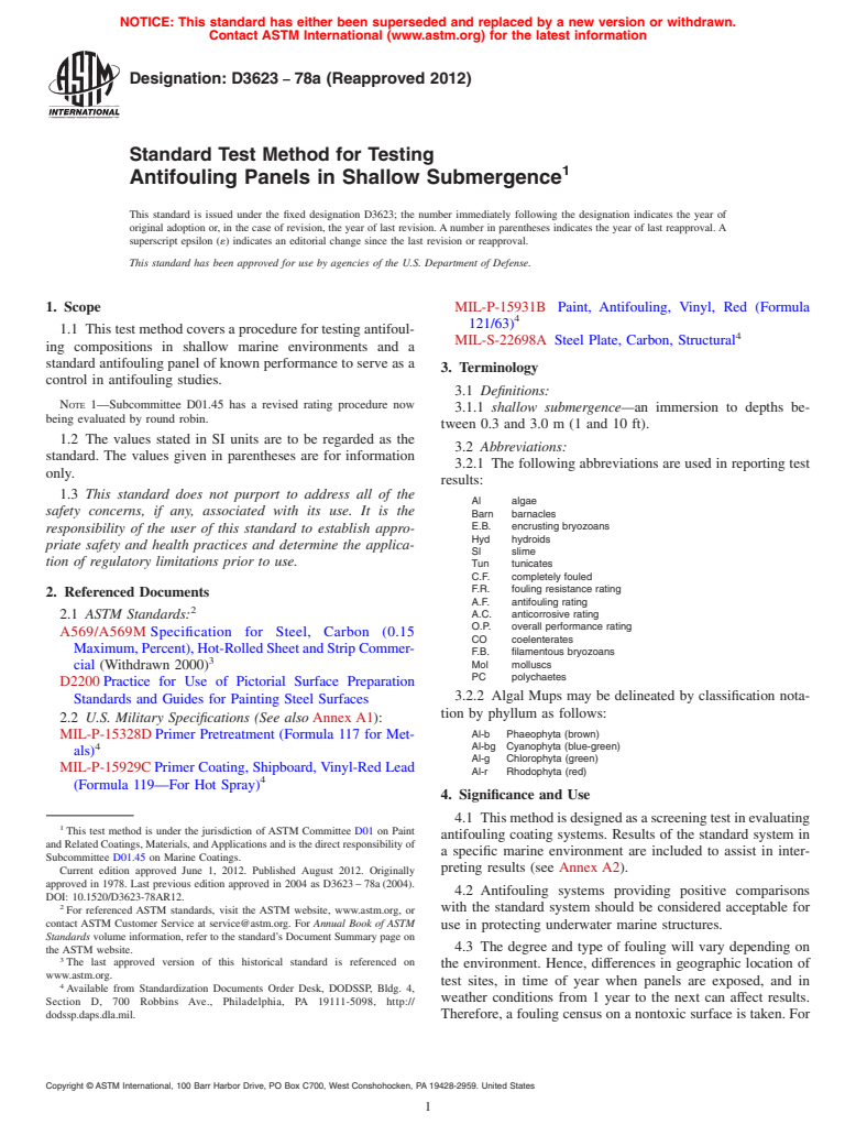 ASTM D3623-78a(2012) - Standard Test Method for Testing  Antifouling Panels in Shallow Submergence