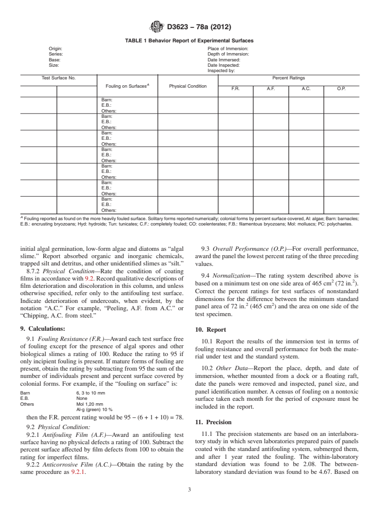 ASTM D3623-78a(2012) - Standard Test Method for Testing  Antifouling Panels in Shallow Submergence