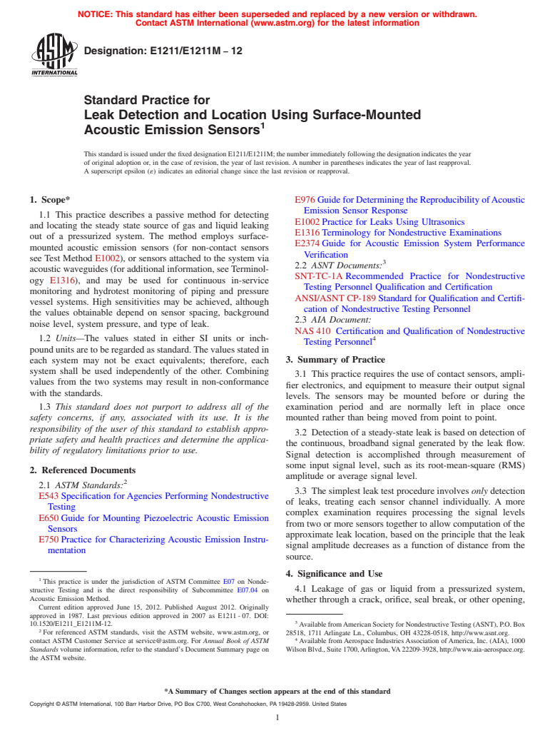 ASTM E1211/E1211M-12 - Standard Practice for Leak Detection and Location Using Surface-Mounted Acoustic Emission Sensors