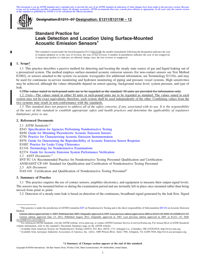 REDLINE ASTM E1211/E1211M-12 - Standard Practice for Leak Detection and Location Using Surface-Mounted Acoustic Emission Sensors