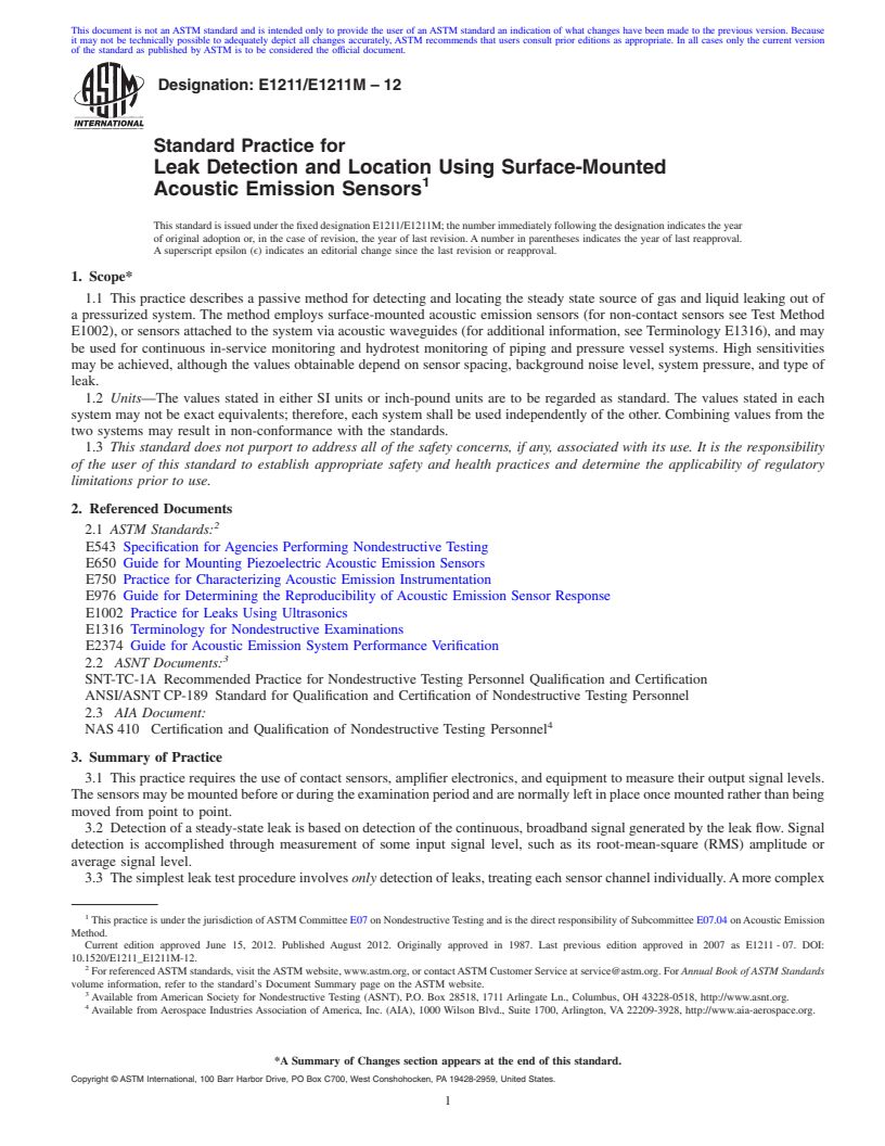 REDLINE ASTM E1211/E1211M-12 - Standard Practice for Leak Detection and Location Using Surface-Mounted Acoustic Emission Sensors