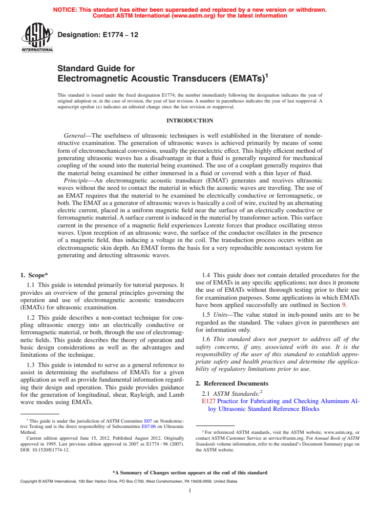 ASTM E1774-12 - Standard Guide for  Electromagnetic Acoustic Transducers (EMATs)