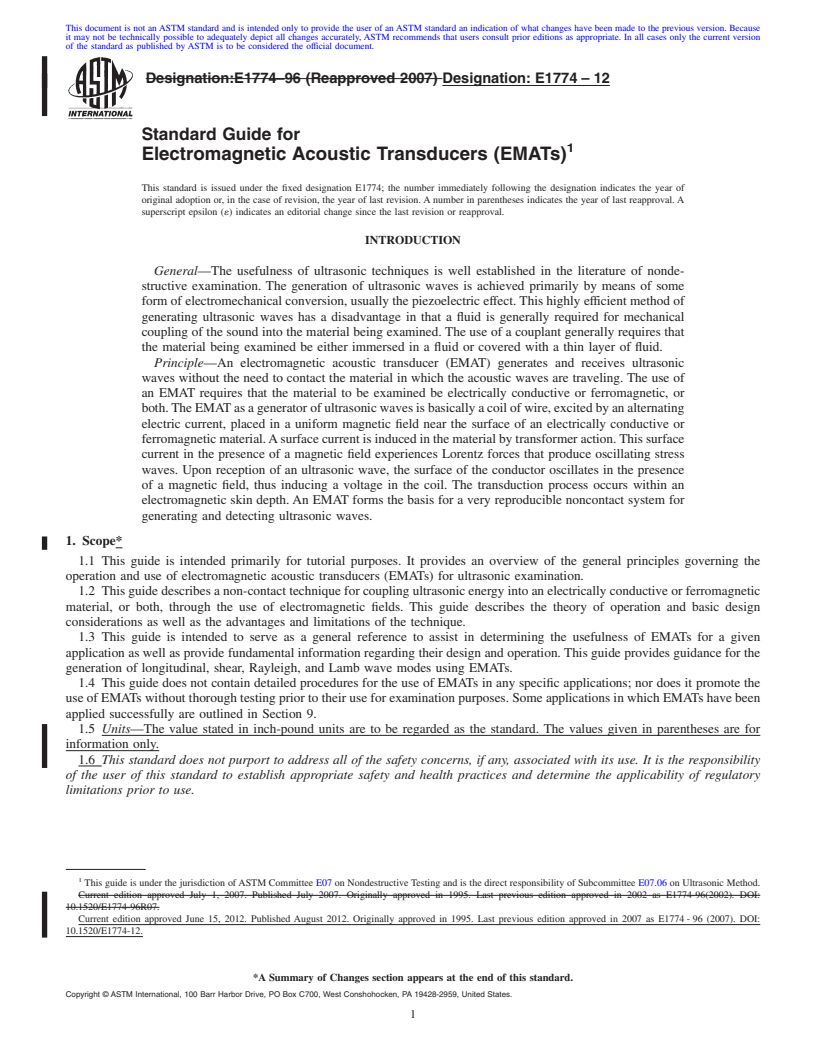 REDLINE ASTM E1774-12 - Standard Guide for  Electromagnetic Acoustic Transducers (EMATs)