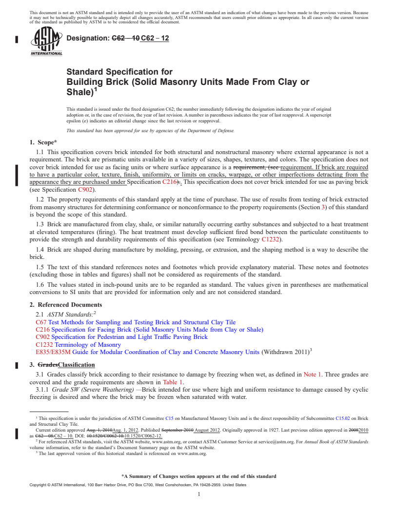 REDLINE ASTM C62-12 - Standard Specification for  Building Brick (Solid Masonry Units Made From Clay or Shale)
