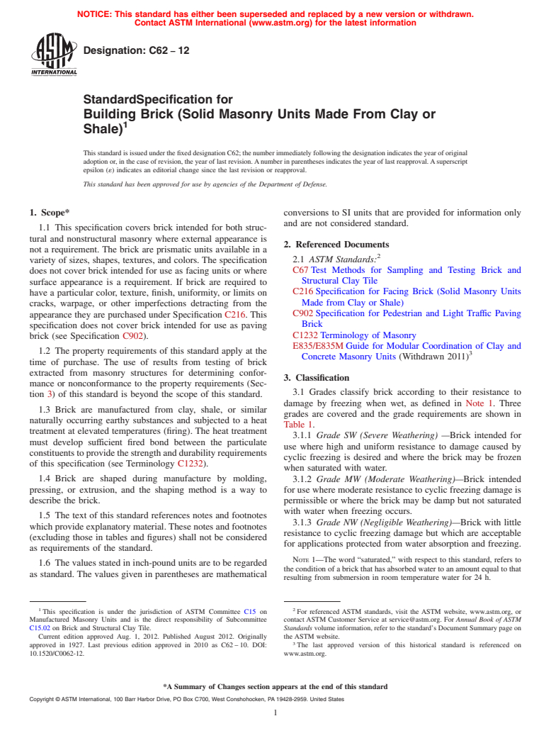 ASTM C62-12 - Standard Specification for  Building Brick (Solid Masonry Units Made From Clay or Shale)