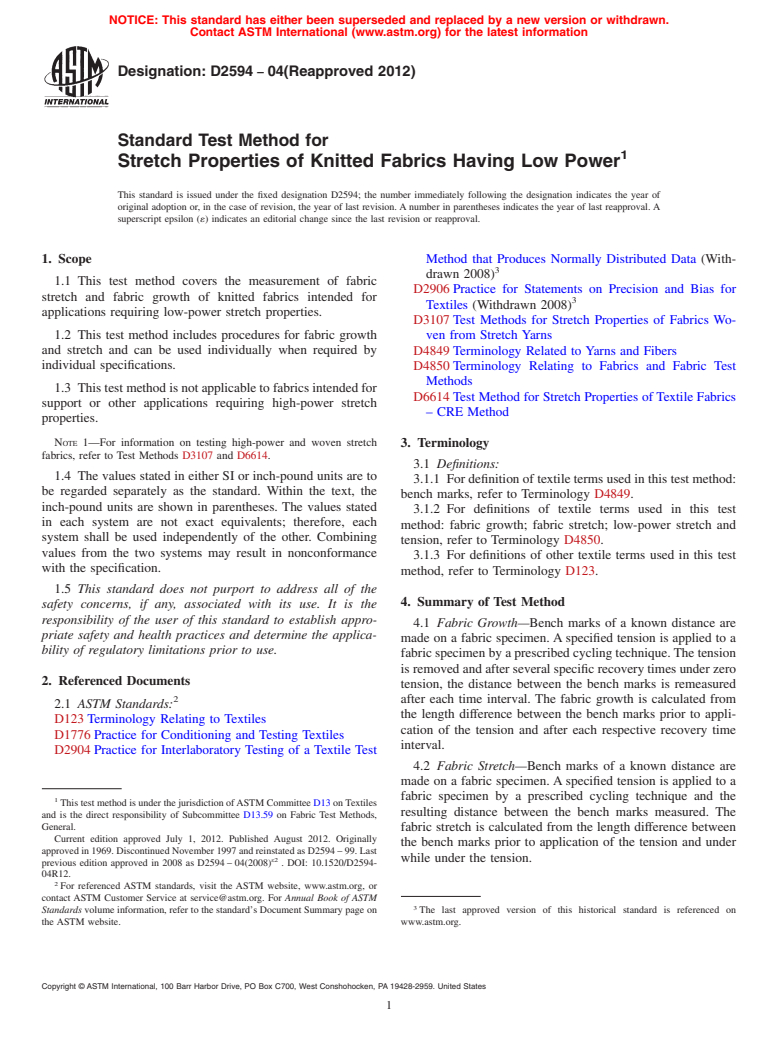 ASTM D2594-04(2012) - Standard Test Method for Stretch Properties of Knitted Fabrics Having Low Power