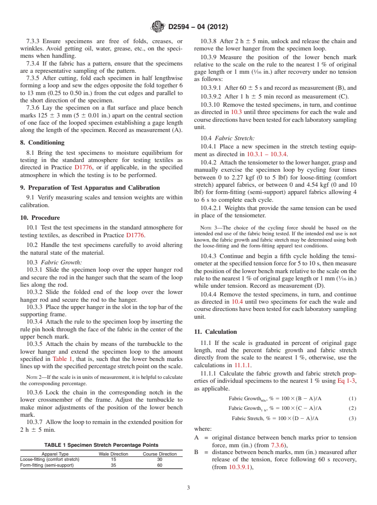 ASTM D2594-04(2012) - Standard Test Method for Stretch Properties of Knitted Fabrics Having Low Power