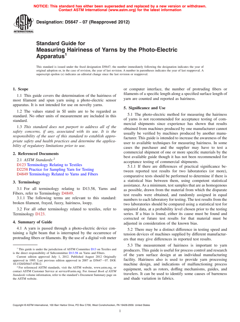 ASTM D5647-07(2012) - Standard Guide for  Measuring Hairiness of Yarns by the Photo-Electric Apparatus