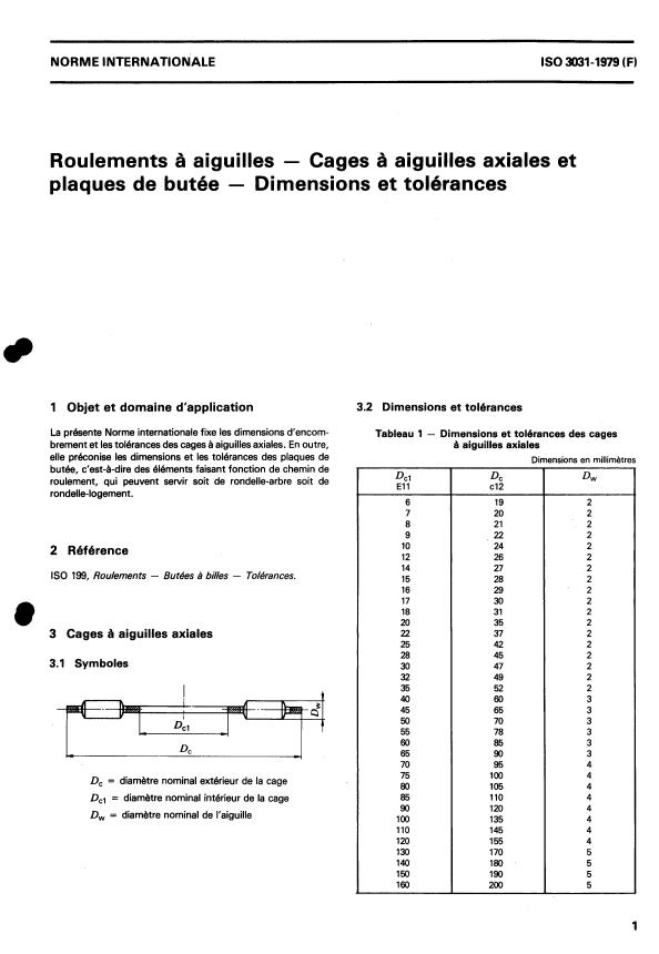 ISO 3031:1979 - Roulements a aiguilles -- Cages a aiguilles axiales et plaques de butée -- Dimensions et tolérances