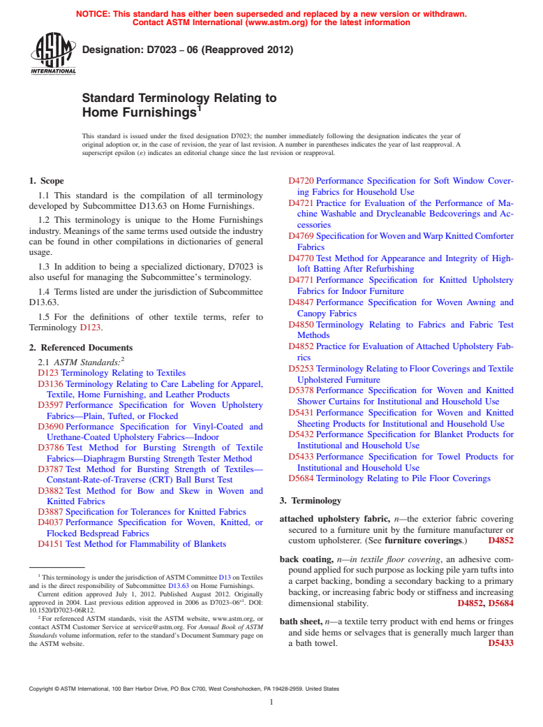 ASTM D7023-06(2012) - Standard Terminology Relating to Home Furnishings