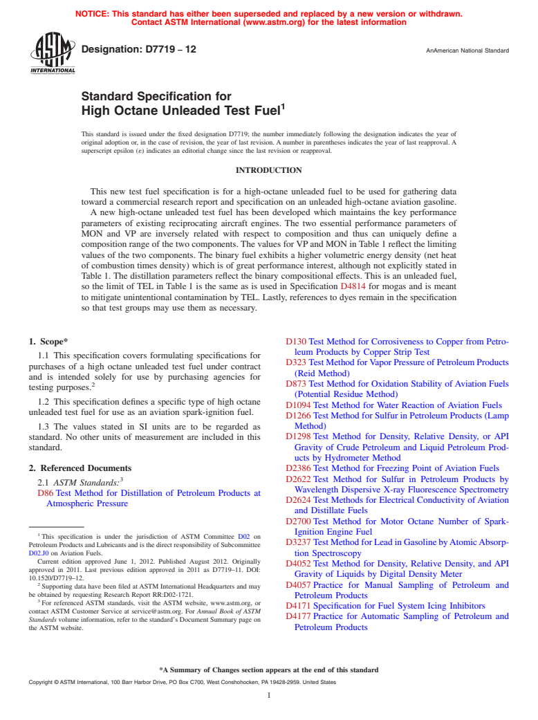 ASTM D7719-12 - Standard Specification for High Octane Unleaded Test Fuel