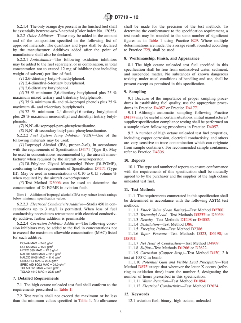 ASTM D7719-12 - Standard Specification for High Octane Unleaded Test Fuel