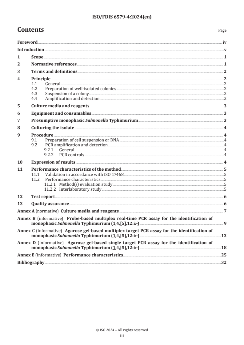 ISO/FDIS 6579-4 - Microbiology of the food chain — Horizontal method for the detection, enumeration and serotyping of Salmonella — Part 4: Identification of monophasic Salmonella Typhimurium (1,4,[5],12:i:-) by polymerase chain reaction (PCR)
Released:18. 10. 2024