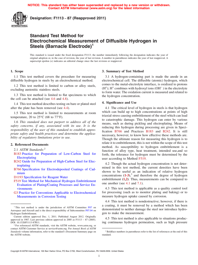 ASTM F1113-87(2011) - Standard Test Method for Electrochemical Measurement of Diffusible Hydrogen in Steels (Barnacle Electrode)